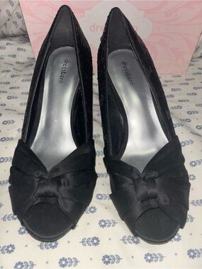 dressbarn Black Satin Peep-Toe Sequin Pumps with Bow